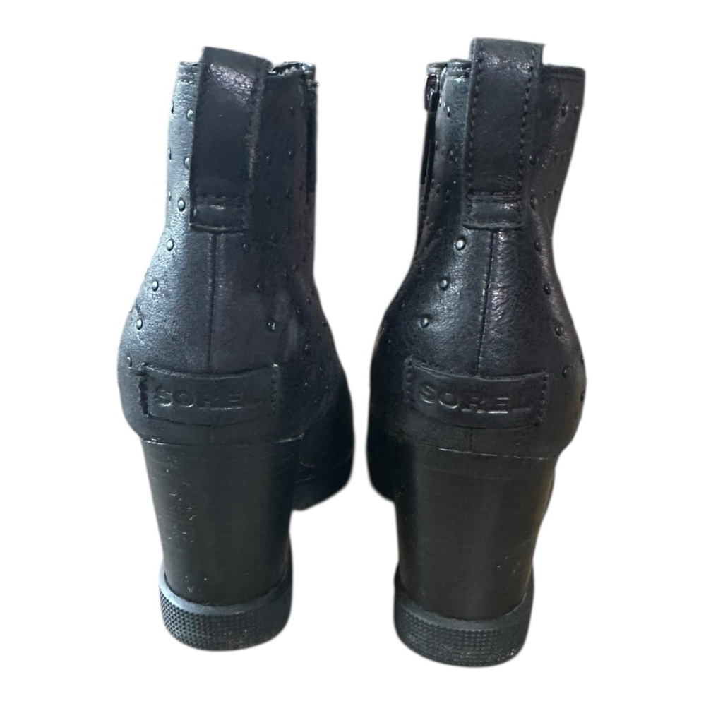 Sorel Black Leather Wedge Booties with Inner Zip and Textured Heel - Picture 4 of 5
